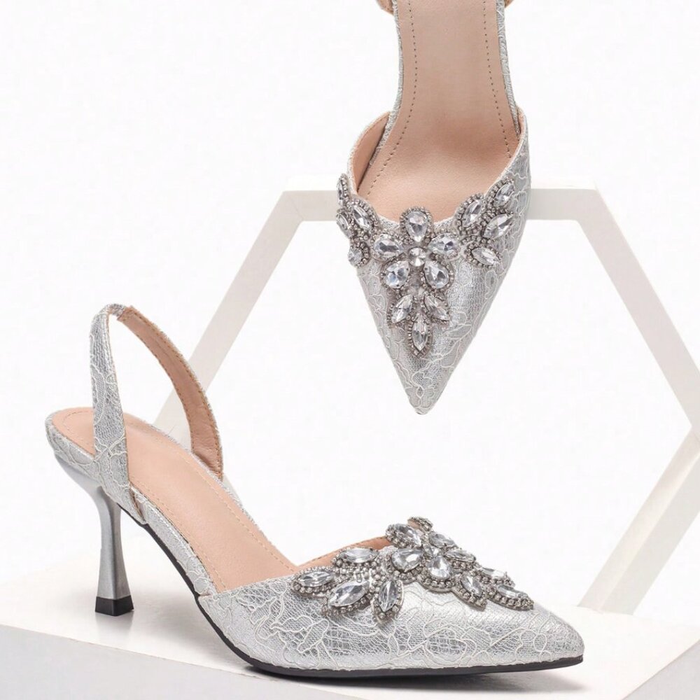 NEW W/ TAGS! Silver Rhinestone Embellished Sling-Back Heels